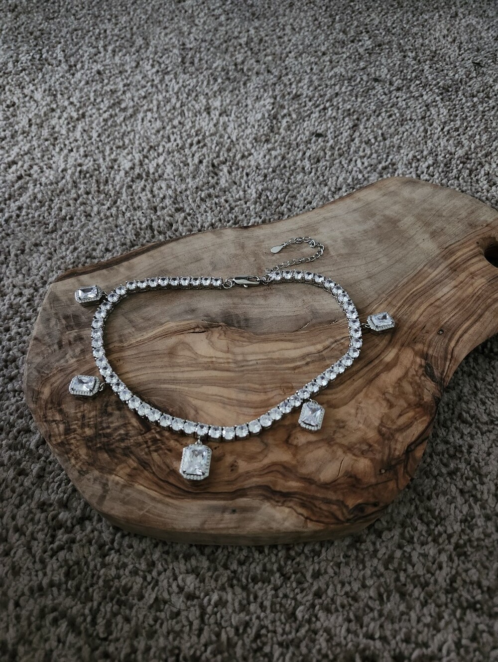 Silver Crystal Choker Necklace with Dangling Rectangular Charms